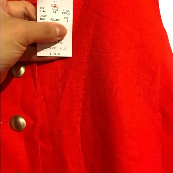 J. Crew Linen & Cotton Christmas Red Button-Front Midi Dress NEW with Tags - Picture 4 of 4